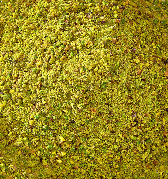 Ground, milled, crushed or granulated pistachio pile from top view isolated on white background