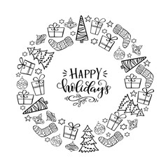 Winter holiday symbol in a circle with unique greeting lettering Happy Holidays inside.