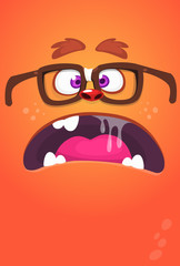 Funny cartoon monster face with eyeglasses. Vector Halloween monster square avatar