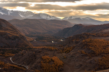 mountains forest river sky autumn sunset