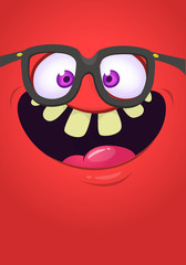 Funny cartoon monster face with eyeglasses. Vector Halloween monster square avatar