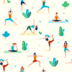 Women yoga flat illustration. People seamless pattern