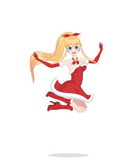Joyful anime manga girl as Santa Claus in a jump