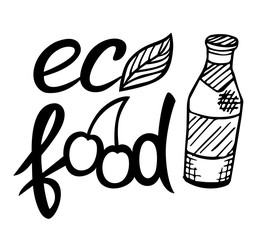 Bottle with fresh juice isolated on white background. Vector illustration of label with lettering. Logo with leaf, cherry and bottle. Healthy food and drinks. Stock illustration of ecological product.