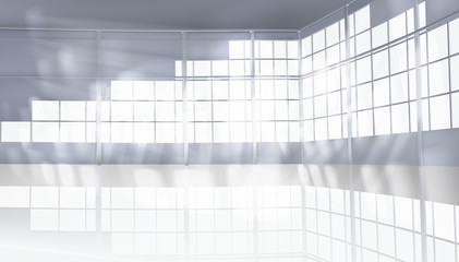 Empty hall with large window. Rays of light falling into the interior. Vector illustration.