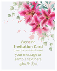 Wedding invitation lily flowers watercolor Vector. Beautiful vintage pink colors floral decors