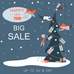 Fototapeta na wymiar Big New Year sale poster with Christmas tree decorated with discount tags and people.