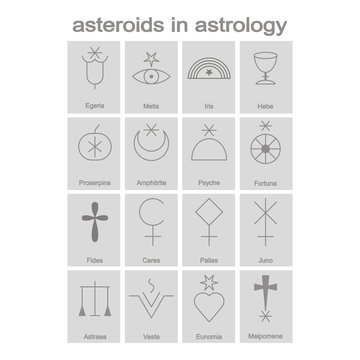 Set of monochrome icons with symbols of asteroids in astrology for your design