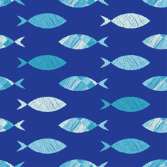 Seamless pattern with fishes in the sea. Cute cartoon. Brushwork. Hand hatching. Doodle. Can be used for wallpaper, textile, invitation card, wrapping, web page background.
