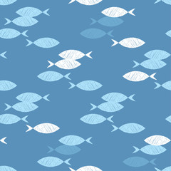 Naklejka na ściany i meble Seamless pattern with fishes in the sea. Cute cartoon. Brushwork. Hand hatching. Doodle. Can be used for wallpaper, textile, invitation card, wrapping, web page background.