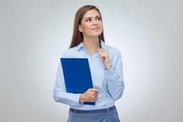 Office worker woman holding clipboard with pen.