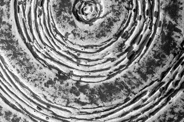 Part of old ceramic plate close-up in black and white.