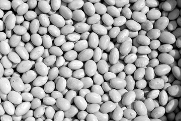 Pile of white soya beans in black and white.
