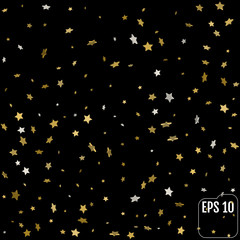 Abstract pattern of random falling 3d gold stars on black background. Glitter pattern for banner, greeting card, Christmas and New Year card, invitation, postcard, paper packaging. Vector illustration