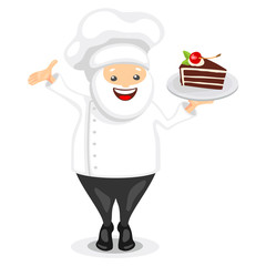 Cute chef character. Funny cook in white hat holding chocolate cake slice with red cherry. Vector illustration in cartoon style.