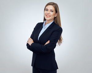 Smiling young business woman wearing black suit