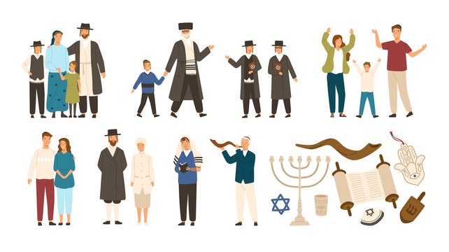 Collection of jews and Jewish or Hebrew symbols. Couple, happy family, boys reading Torah and playing Shofar. Cute cartoon characters isolated on white background. Vector illustration in flat style.