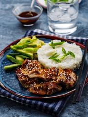 Hoisin Chicken. Traditional Asian cuisine. Chicken with sauce, rice and pickled cucumbers.