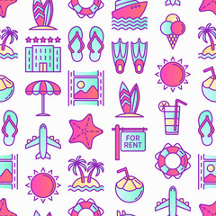 Holiday seamless pattern with thin line icons: sun, yacht, ice cream, surfing, hotel, beach umbrella, island, coconut drink, airplane, starfish, photo, lifebuoy. Modern vector illustration.