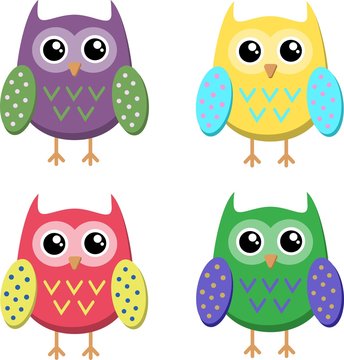 Cute cartoon owls icons, bright owls illustration.