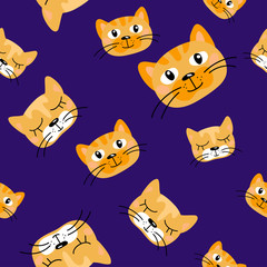 vector cat red white heads childish seamless pattern on dark violet for your design textile paper wallpaper child things