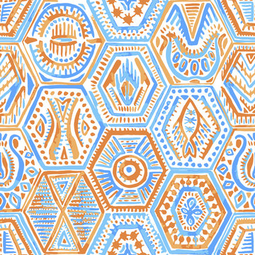 Seamless watercolor pattern. Hand painted hexagons. Vector illustration.