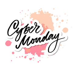 Vector illustration of Cyber Monday text for card banner. Handwritten calligraphy Cyber monday tag badge template. Lettering typography illustration