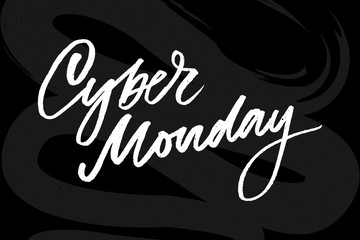 Vector illustration of Cyber Monday text for card banner. Handwritten calligraphy Cyber monday tag badge template. Lettering typography illustration