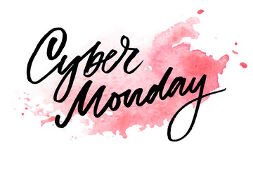 Vector illustration of Cyber Monday text for card banner. Handwritten calligraphy Cyber monday tag badge template. Lettering typography illustration