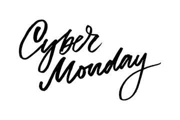Vector illustration of Cyber Monday text for card banner. Handwritten calligraphy Cyber monday tag badge template. Lettering typography illustration