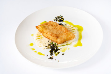 mashed potato with fried fish