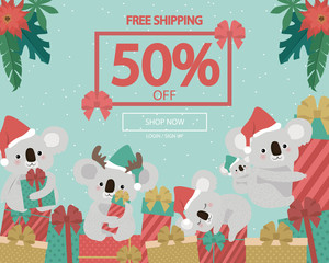 Promo Christmas, New Year banner, Sale poster and flyer with fun koala bear character. Editable vector illustration © miobuono