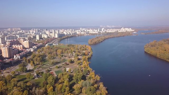 Aerial: Obolonska Quay in Obolon district in Kiyv, autumn time