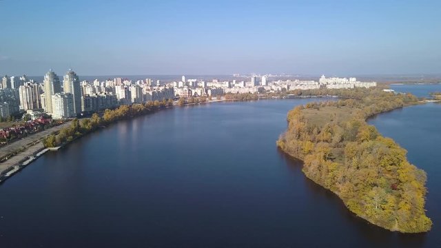 Aerial: Obolonska Quay in Obolon district in Kiyv, autumn time