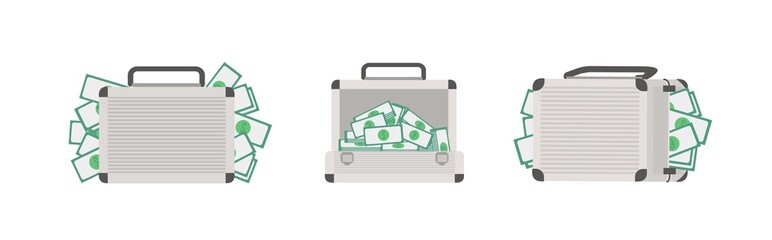Set of cases full of money isolated on white background