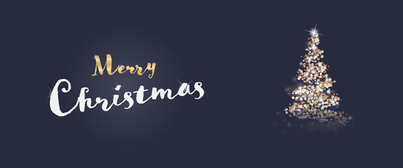 Christmas time. Christmas card with tree in festive colors. Text : Merry Christmas.