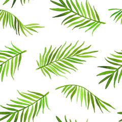 Watercolor seamless pattern with green palm leaves