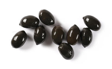 Black olives isolated on white background, top view