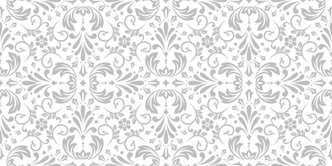 Wallpaper in the style of Baroque. Seamless vector background. White and grey floral ornament. Graphic pattern for fabric, wallpaper, packaging. Ornate Damask flower ornament.