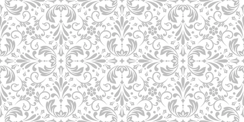 Schilderijen op glas Behang in de stijl van de barok. Naadloze vectorachtergrond. Wit en grijs bloemenornament. Grafisch patroon voor stof, behang, verpakking. Sierlijke damast bloem ornament. © ELENA
