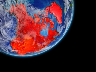 North America on realistic model of planet Earth with very detailed planet surface and clouds. Continent highlighted in red.