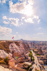 Cappadocia is beautiful place in Turkey, with many houses, hotels and museums in the rocks and hills.. Beautiful landscape in the desert, dry and hot. Famous touristic place.