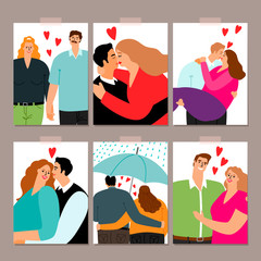 Couple in love, hugging and kissing couples, cards collection, vector illustration