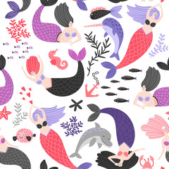 Pattern with cartoon mermaids and sea animals, vector illustration