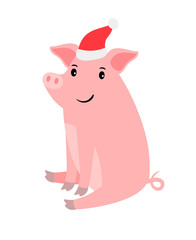 Cute cartoon pink pig in santa hat, on white background, Christmas and New year vector icon