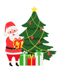 Santa and Christmas tree with presents, vector icon on white background