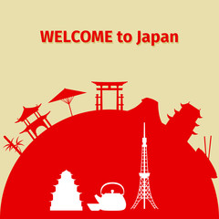 Welcome to Japan travel background with japanese symbol silhouettes, vector illustration