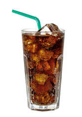 Cola in highball glass with straw and ice cubes isolated on white background including clipping...