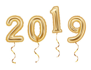 Realistic golden balloons decoration, 2019 happy new year