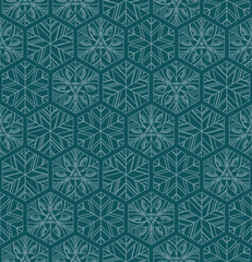 Fototapeta premium Turquoise geometric snowflakes winter seamless pattern